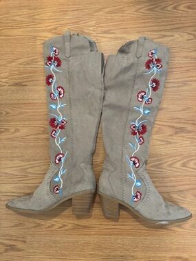 Women’s Taupe Suede Embroidered Knee-High Boots